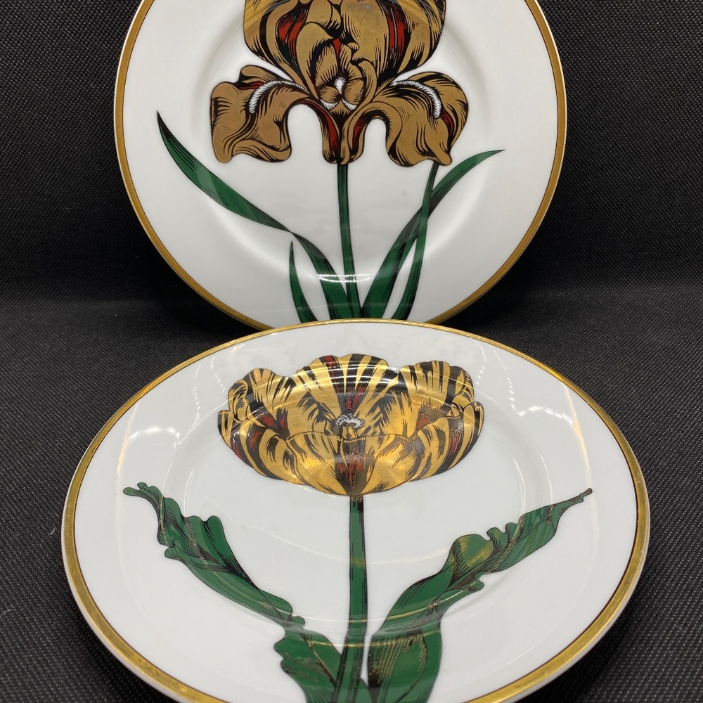 Fitz & Floyd 2x Salad Plates White, Green, Gold; Iris and Tulip VTG 1979 Spain
